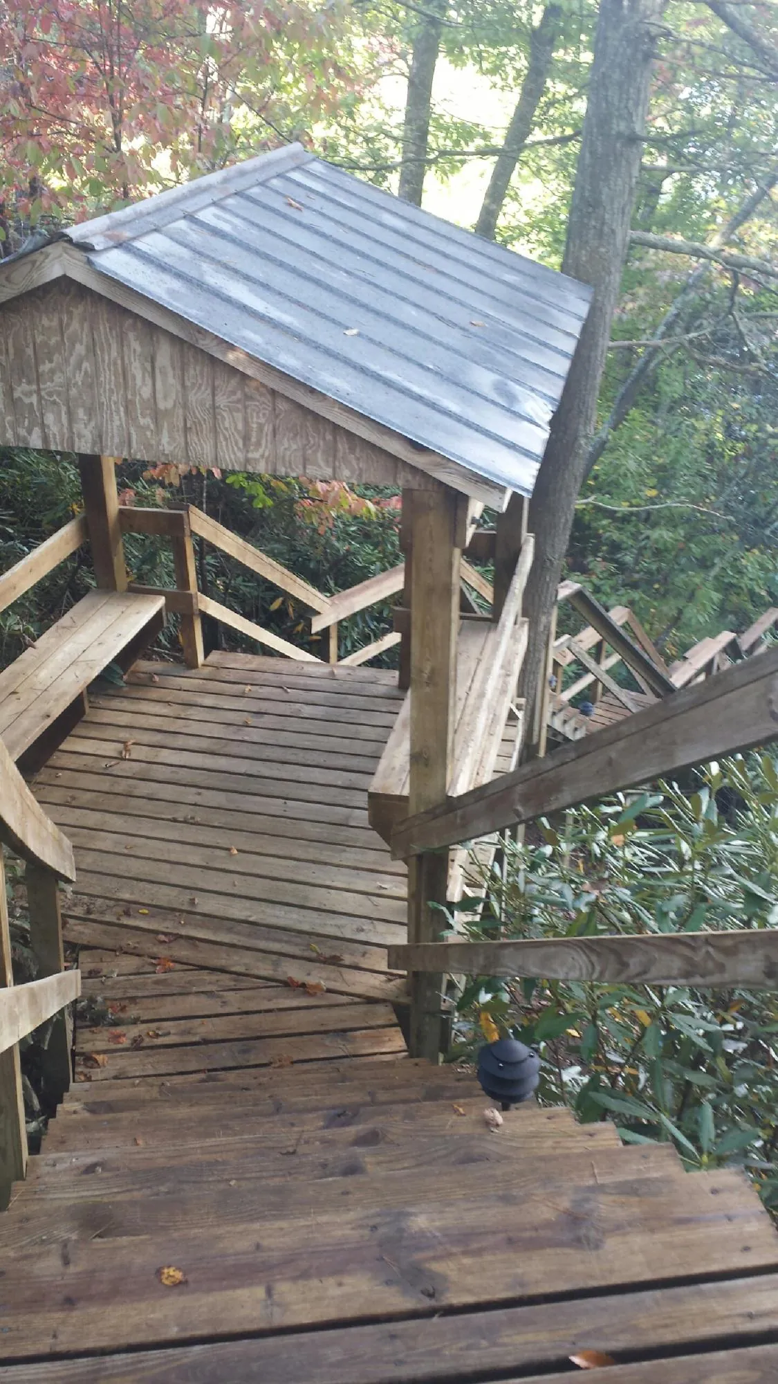 Metal roofed shelter over wooden steps on a wooded walkway — Skylight Repair & Installation work by our crew in Clive