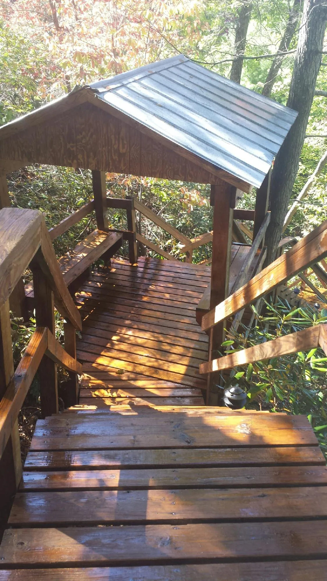 Freshly stained wood walkway and covered shelter with a metal roof in Clive